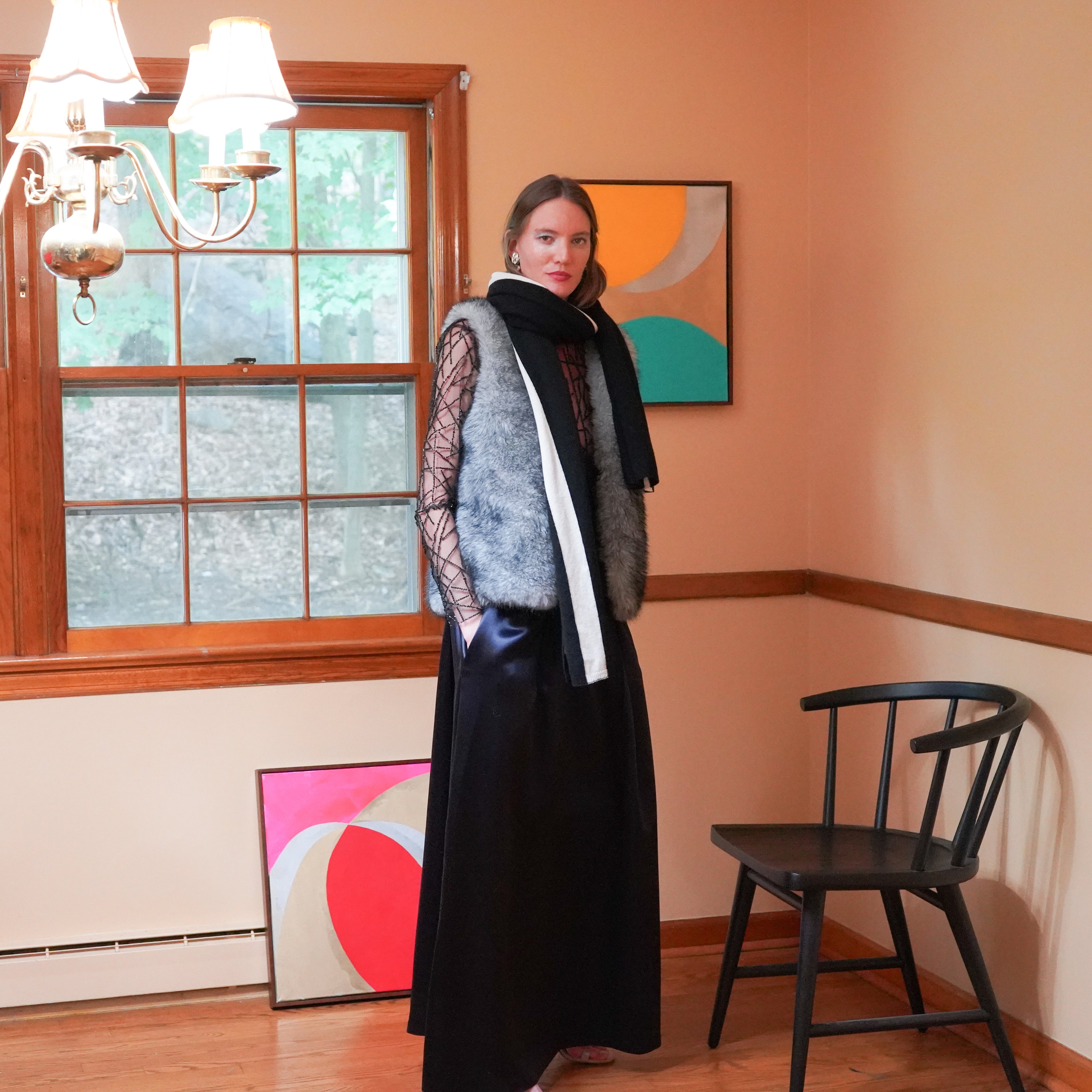 Noah cashmere blend scarf with fur vest and beaded mesh top with maxi charmeuse skirt