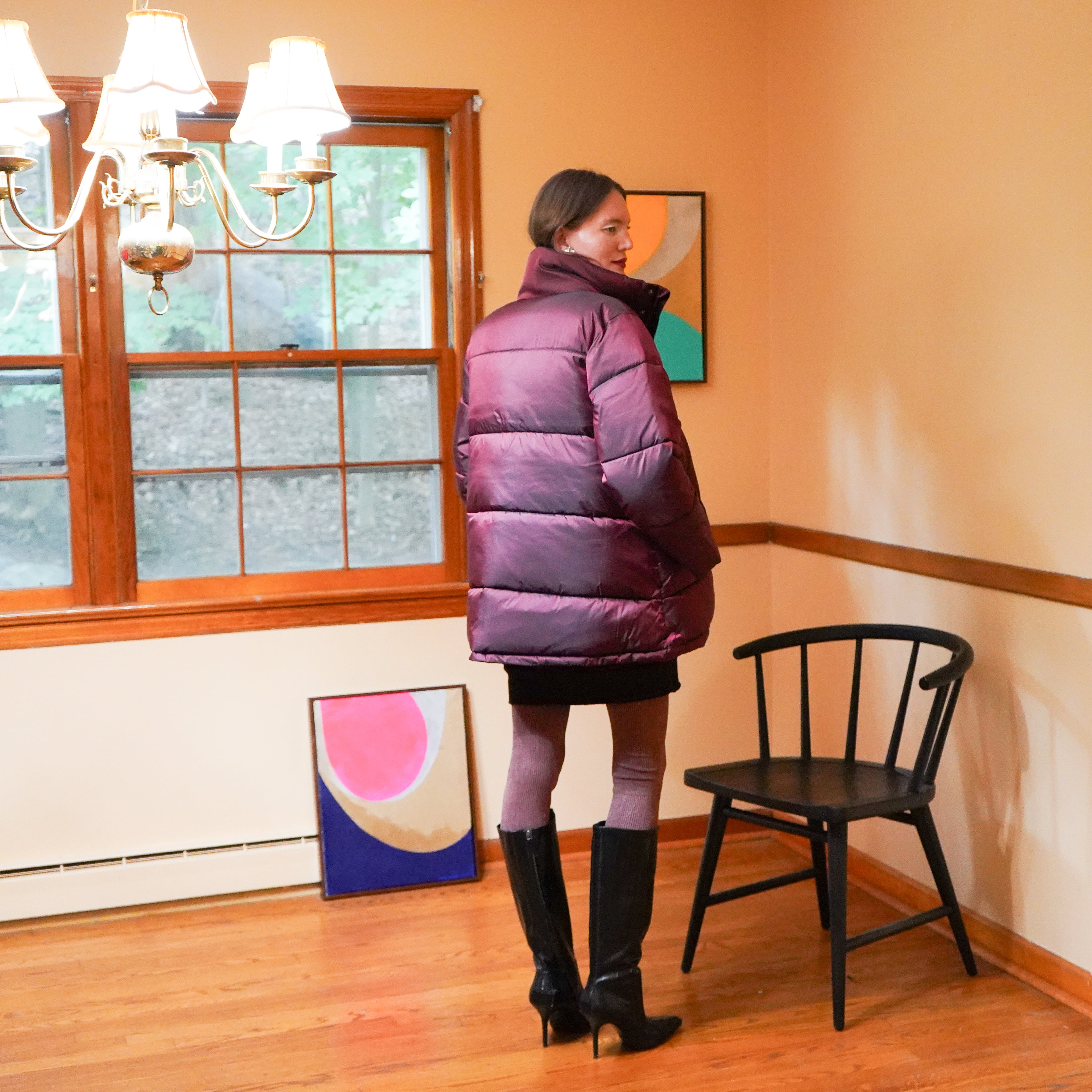 Nora puffer back view over wool vest tunic and maroon seamless rib leggings