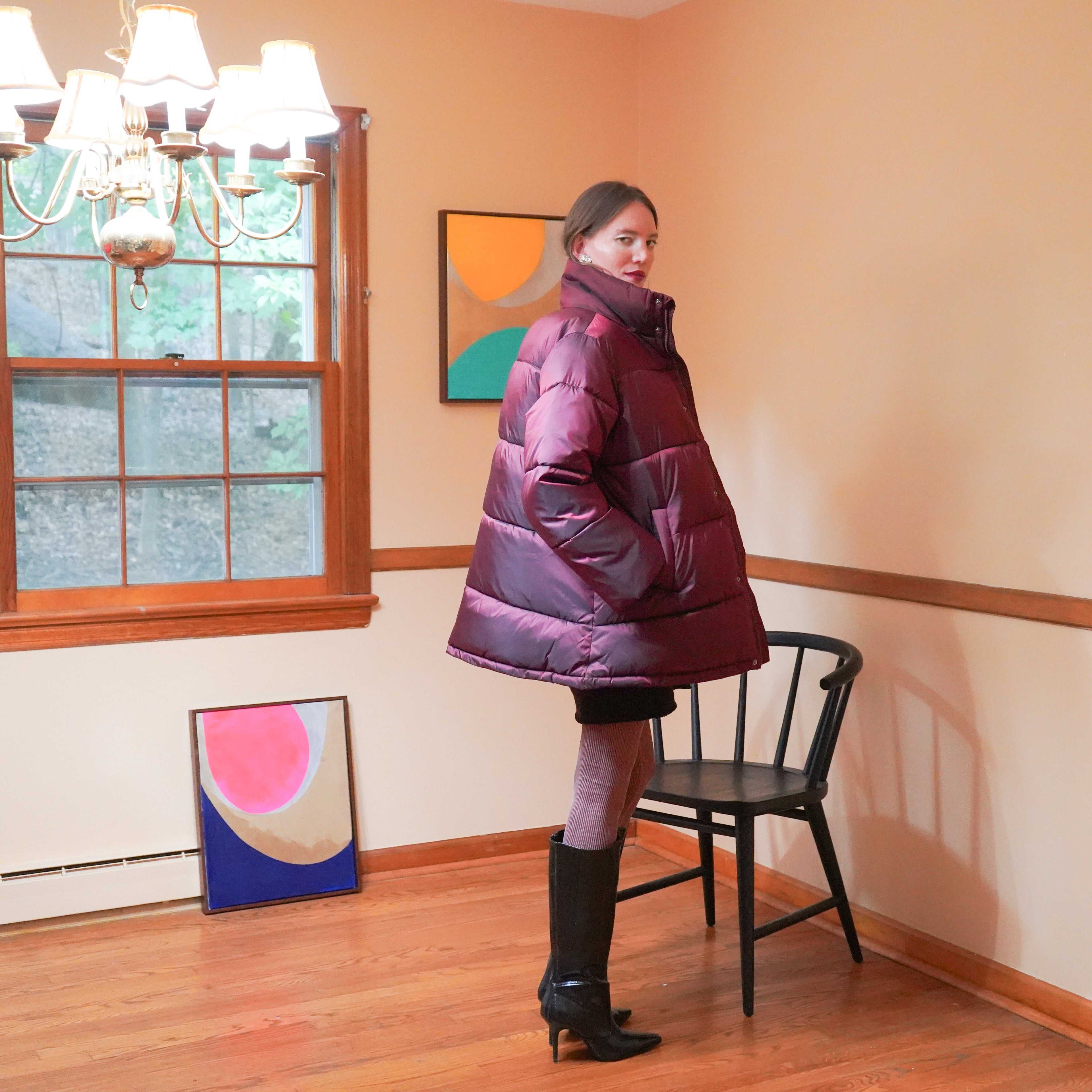 Nora puffer side view over vest tunic and seamless rib leggings in maroon