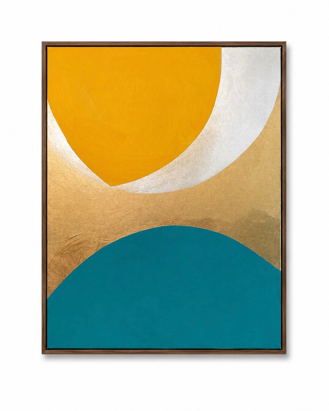 Rubedo Aurum — original abstract painting with amber circle, teal arc, and textured gold field on 16×20 canvas by Rafinesque