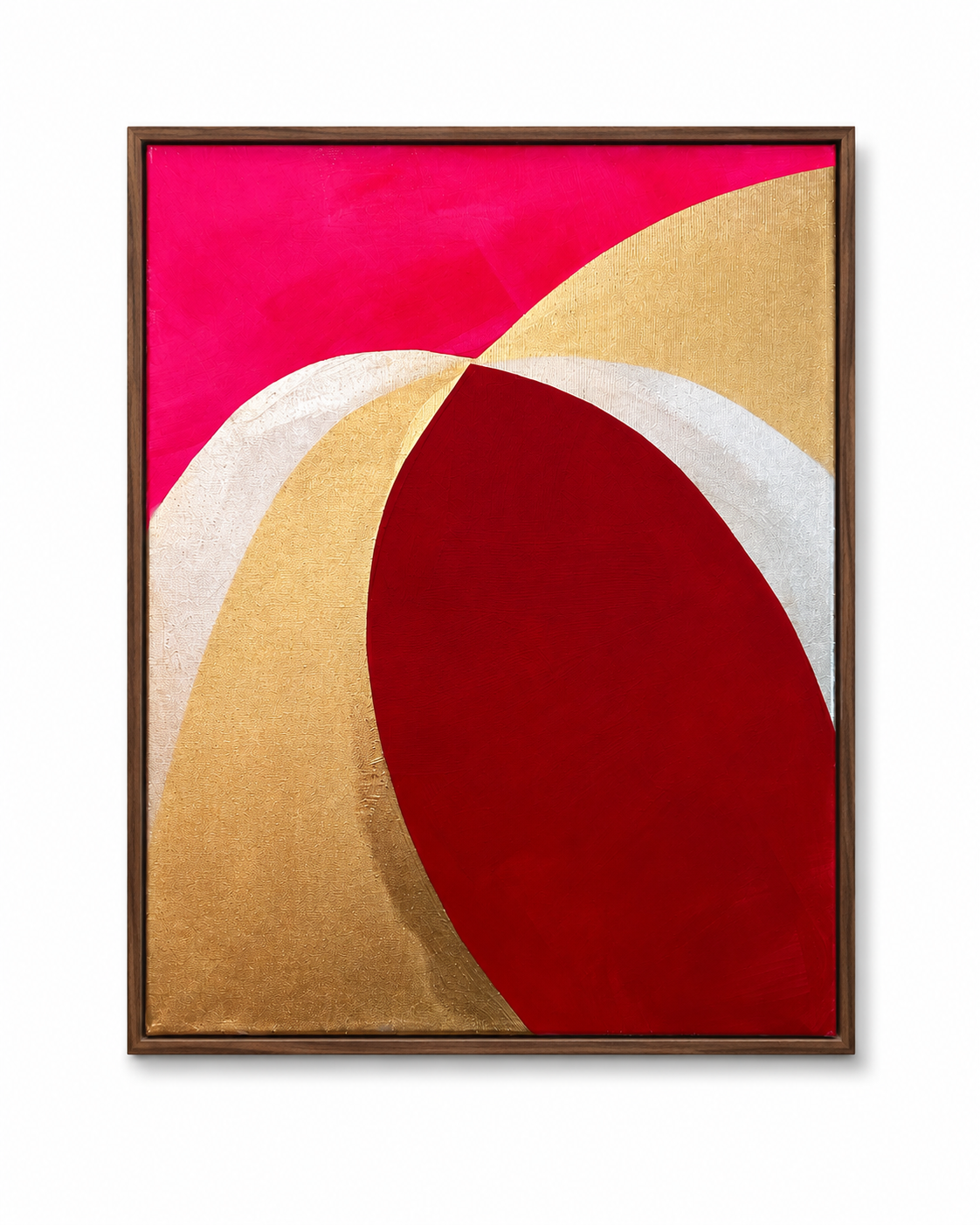 original abstract painting with sweeping curves in crimson, gold, silver, and magenta on 16×20 canvas by Rafinesque