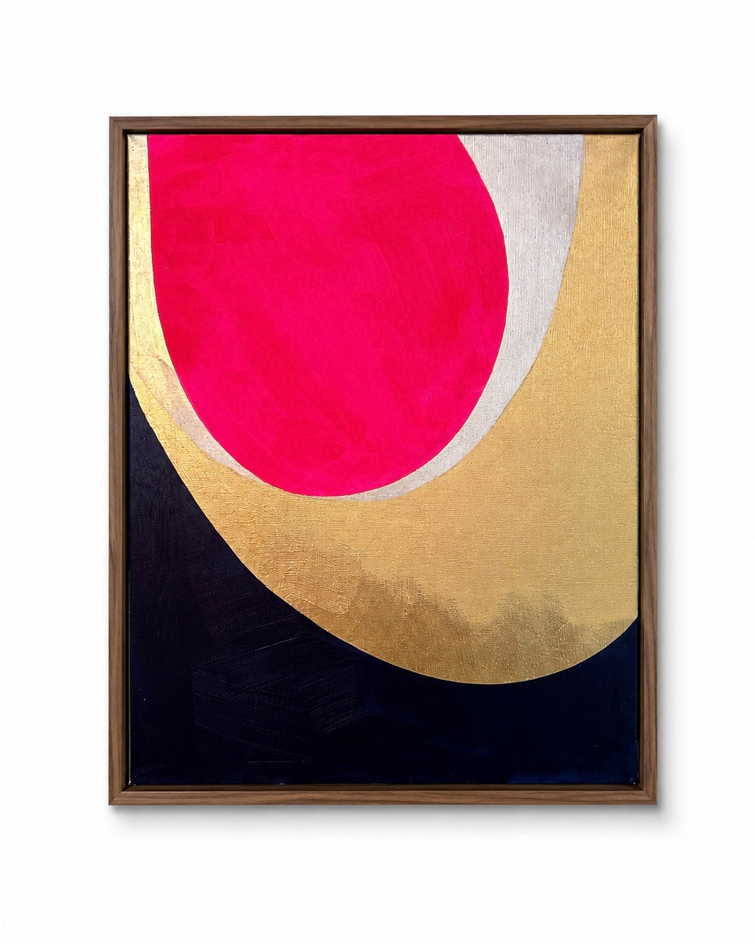 Rubedo Convergence — original abstract painting with bold magenta circle, sweeping gold arc, and deep navy on 16×20 canvas by Rafinesque