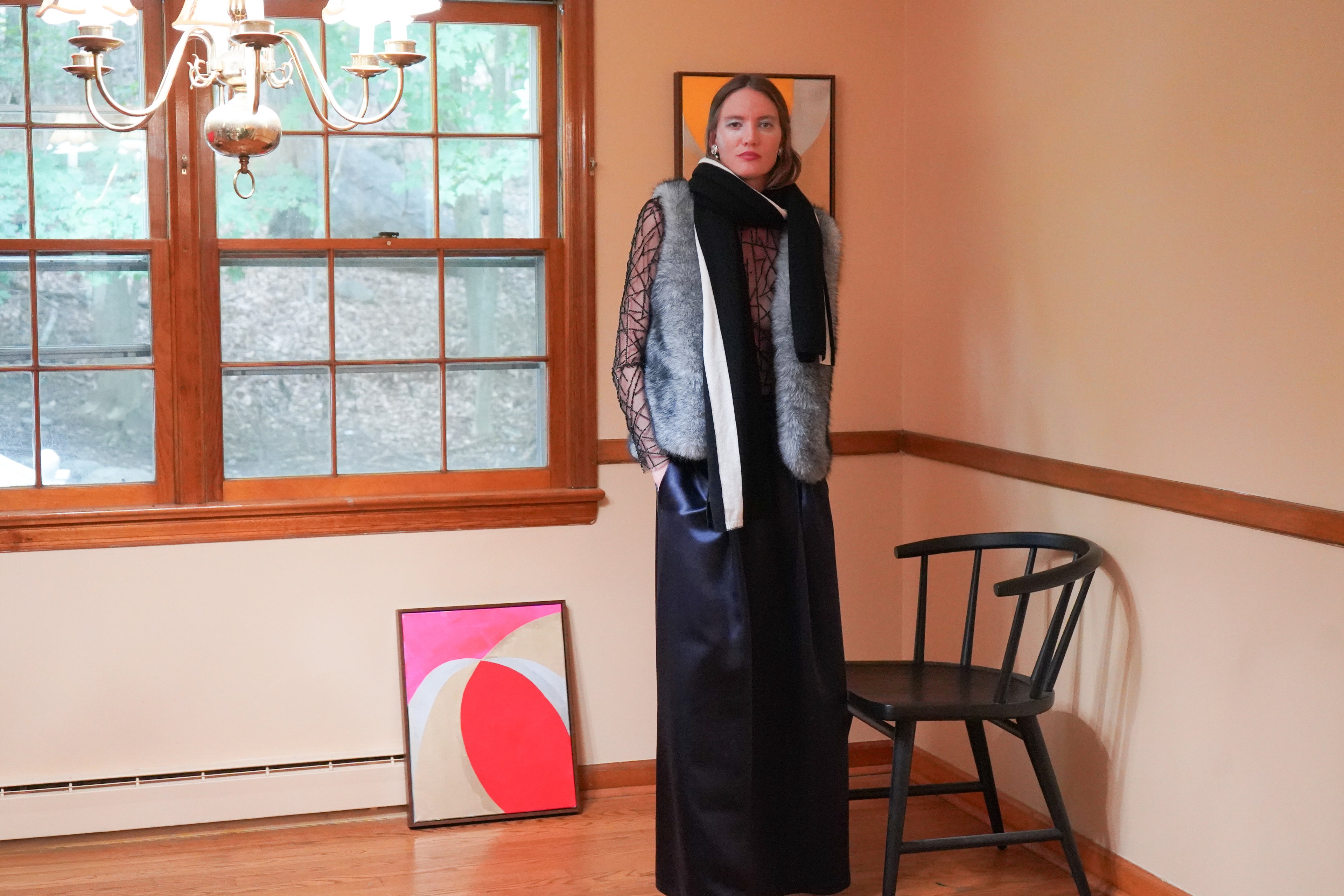 Fur vest over long sleeve beaded mesh top and maxi silk Charmeuse skirt with cashmere blend scarf to complete the look