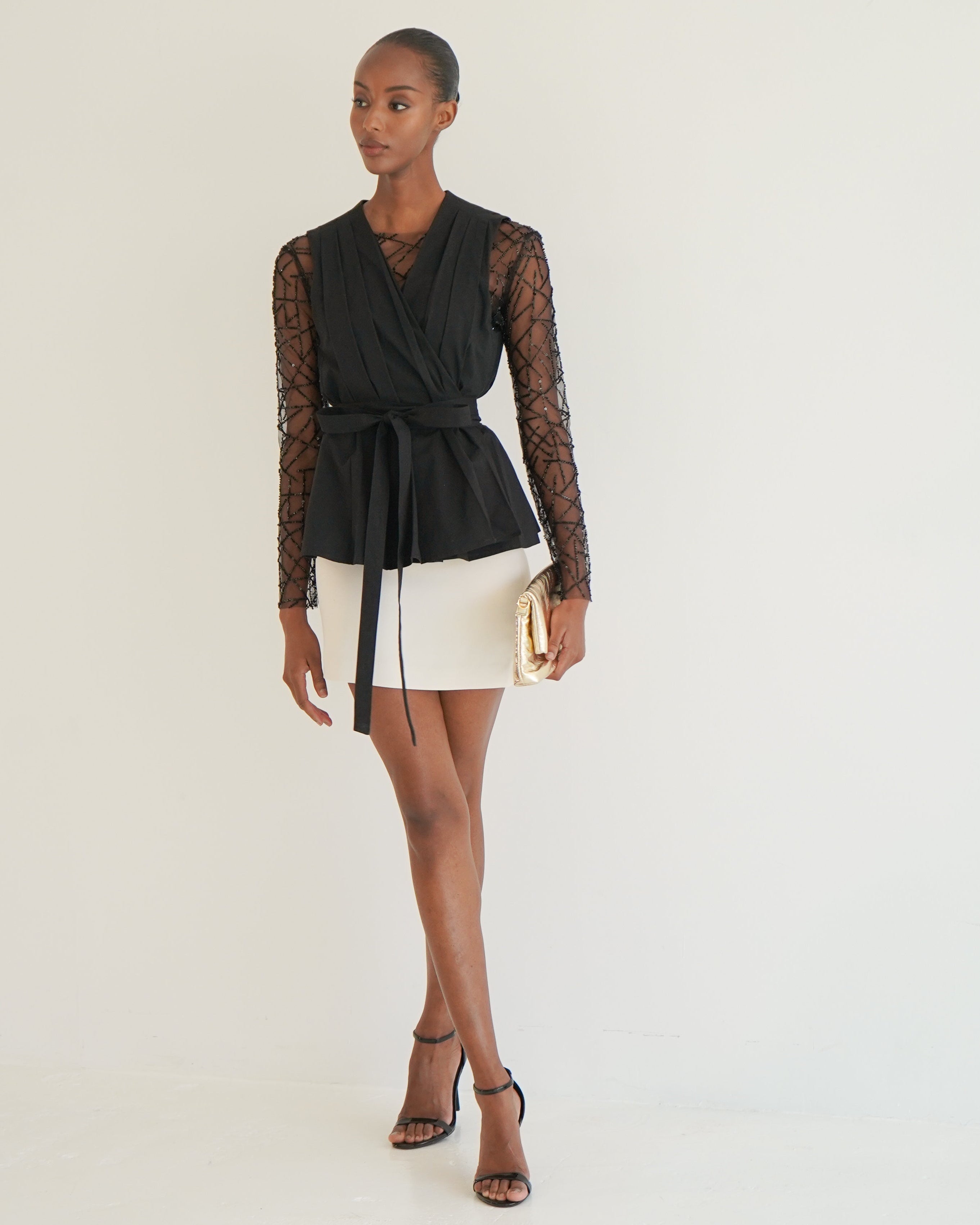 Scarlett top bead detail close-up — women's sheer mesh embellished top
