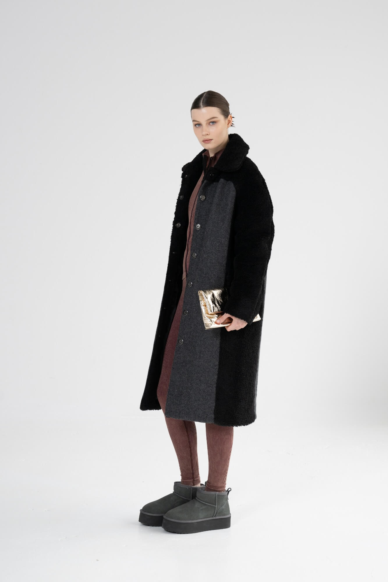 HARPER - Teddy Coat with Herringbone Panels