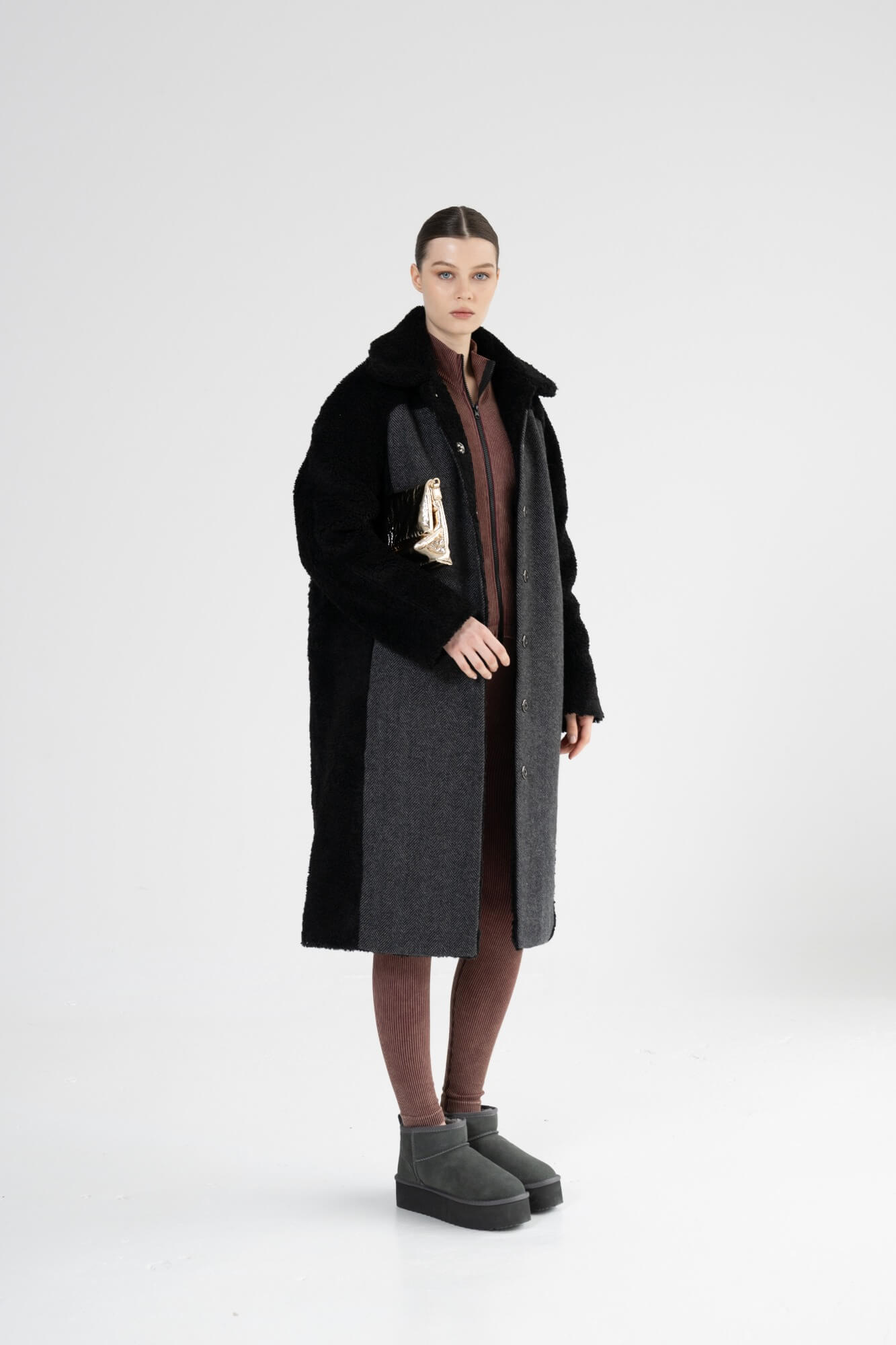HARPER - Teddy Coat with Herringbone Panels