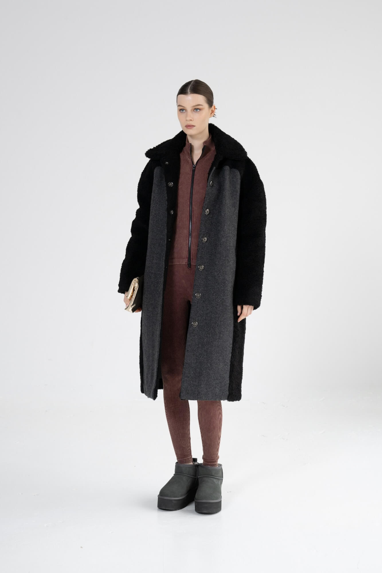 HARPER - Teddy Coat with Herringbone Panels